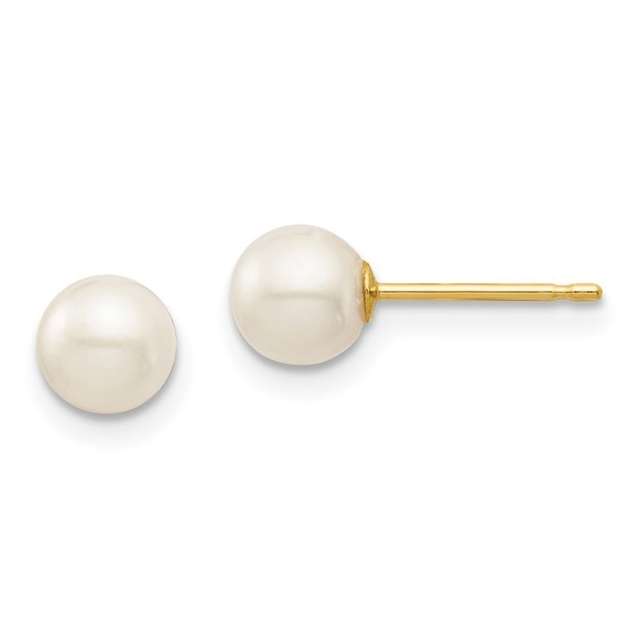 14k Yellow Gold Childrens 5-6mm White Round FWC Pearl Stud Post Earrings